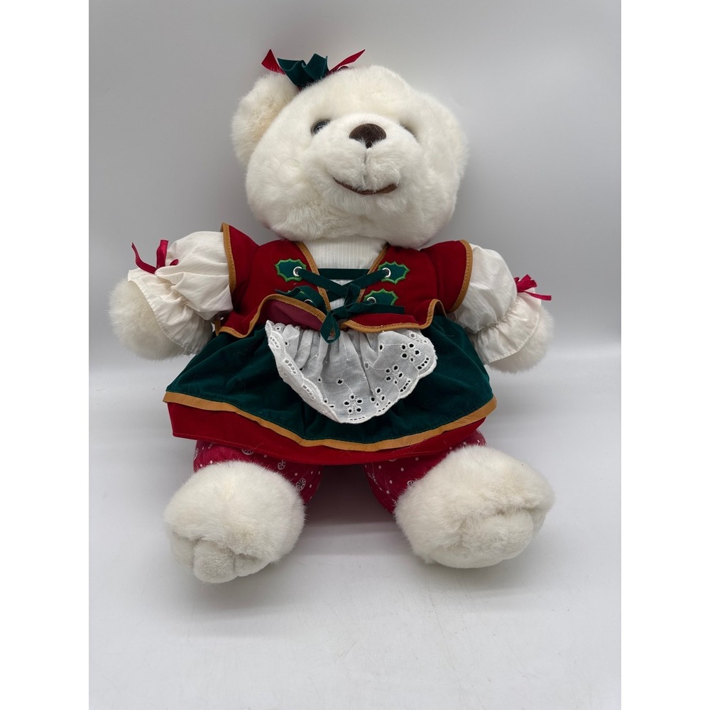 VTG 1995 20" Snowflake Teddyโ Plush Red Top dress red pants Stuffed Animal Xmas